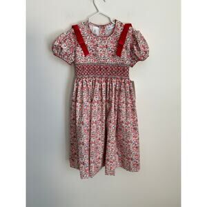 LULU BEBE GIRLS PINK FLORAL SMOCKED DRESS - RED BOWS AT SHOULDERS‎ size 6